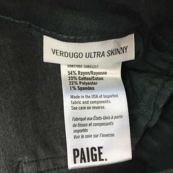 PAIGE Premium Midnight Green Wash 5 Pocket Verdugo Ultra Skinny Slim Fit Jeans - Picture 3 of 12